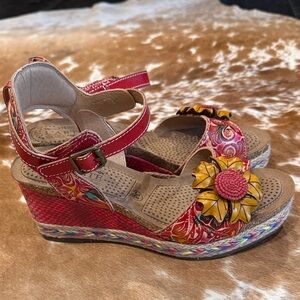 Stylish Red and Yellow Floral Wedges